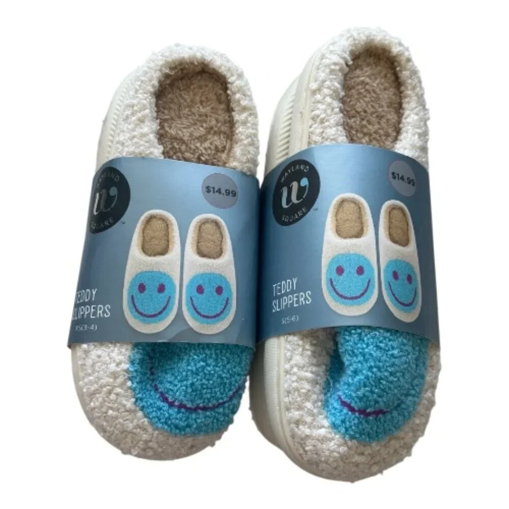 Bundle-Wayland Square Teddy Slippers Size XS & Small Beige Blue Happy Face